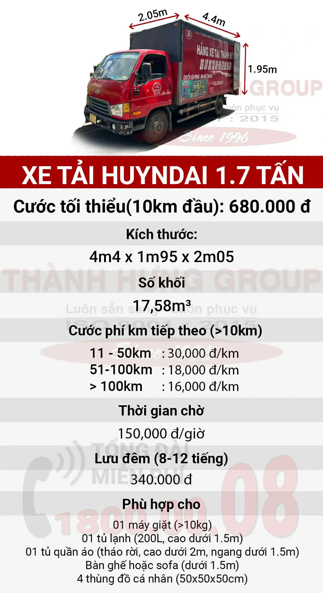 Thuê xe tải thùng kín 1 tấn 7 Huyndai Kubet